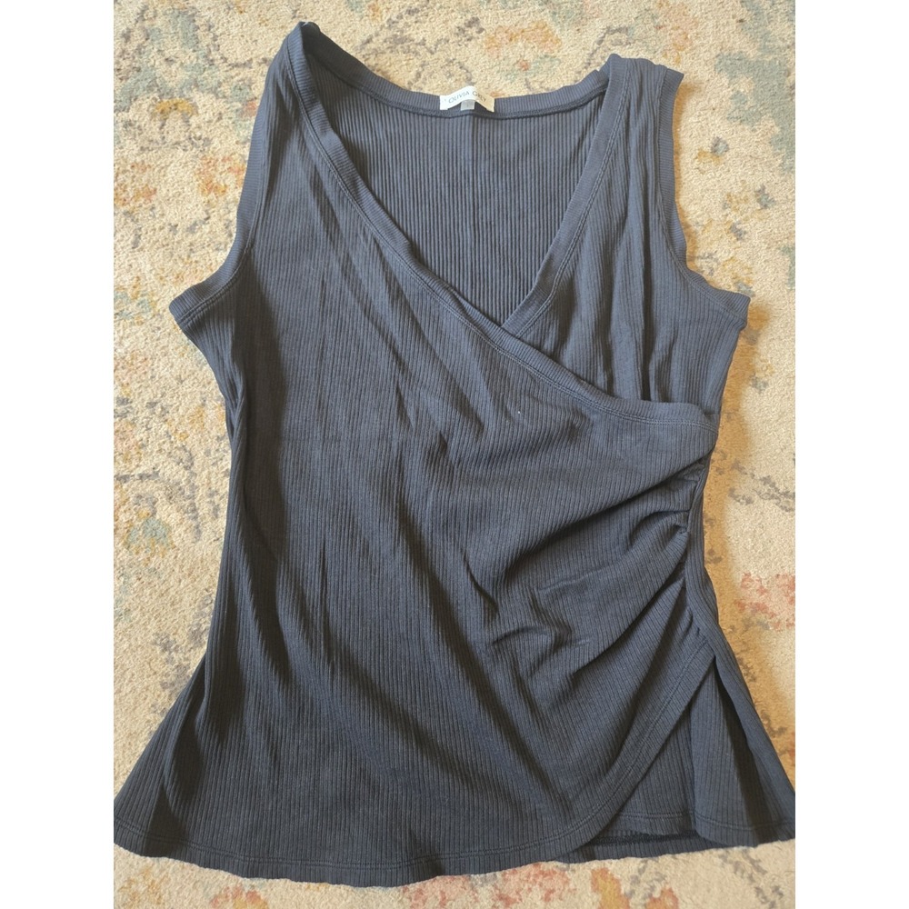 Olivia Grey Ribbed Tank Top Sleeveless Ribbed Rouched L BLACK